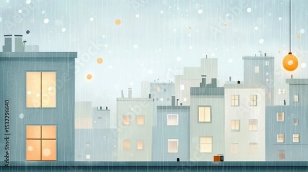 Fototapeta Rain-soaked cityscape, glimmering lights through a window, urban ambiance enriched by a gentle downpour and soft reflections.