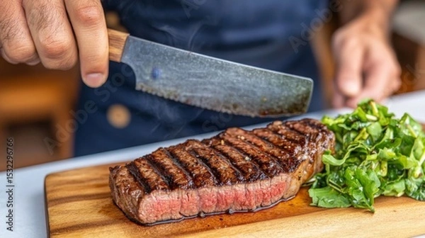 Fototapeta Sizzling Steak Delight, succulent steak with vibrant salad, balsamic drizzle, culinary elegance on a plate, appetizing presentation