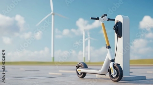 Fototapeta Electric scooter charging at a station, wind turbines in the background, showcasing renewable energy integration, modern transportation solution