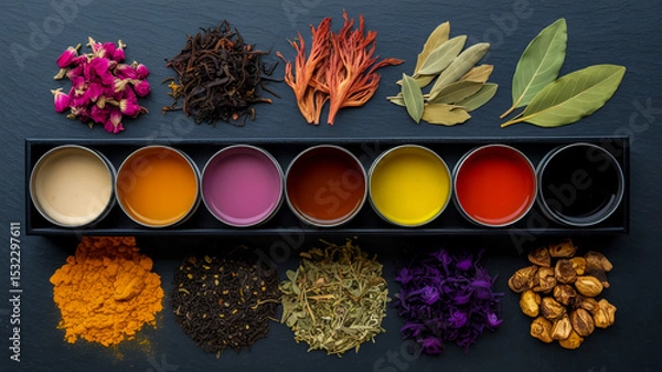 Obraz A top-down view of a colorful tea and spice display on a dark slate surface.