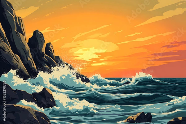 Obraz Vibrant sunset over rocky coastline with crashing waves and serene ocean backdrop