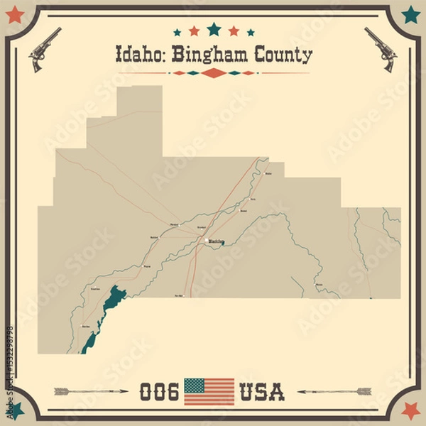 Obraz Large and accurate map of Bingham County, Idaho, USA with vintage colors.