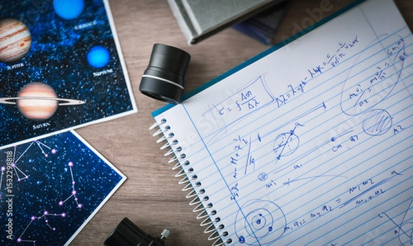 Fototapeta Student notebook with notes for study of astronomical physics