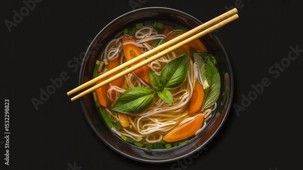 Obraz A top-down view of a Vietnamese Pho soup in a matte black ceramic bowl against a black background.