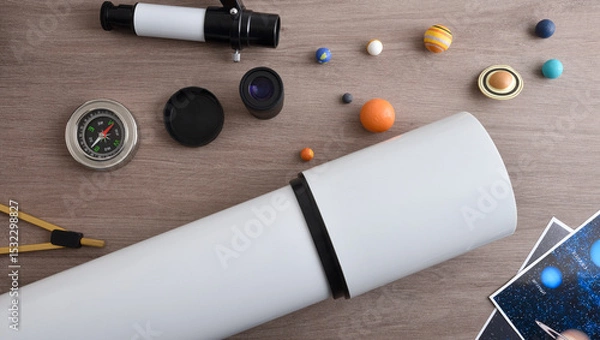 Fototapeta Concept of studying planets with telescope material and planets