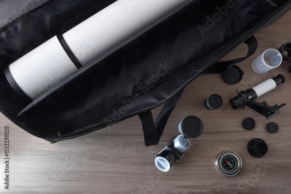 Fototapeta Telescope and telescope parts with its carrying bag ready for exploration
