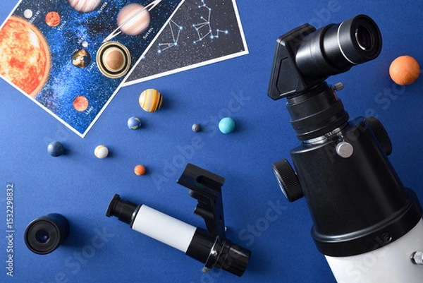 Fototapeta Eyepiece on telescope and blue background with photos and planets
