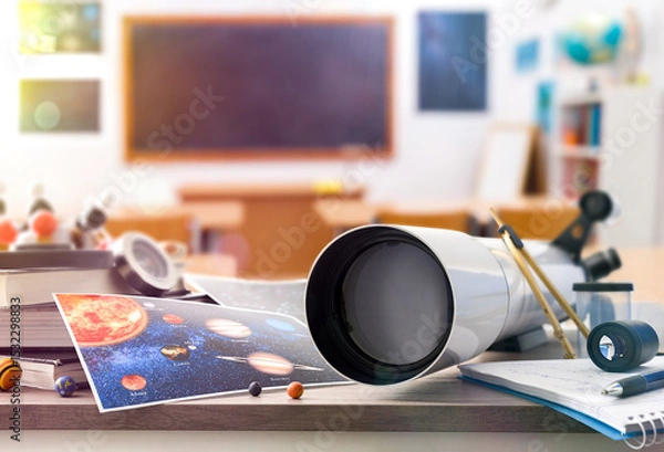 Fototapeta Astronomy student table with materials and tools and classroom background