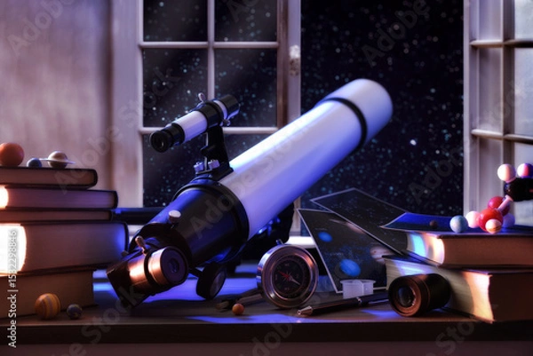 Fototapeta Exploring the universe with a telescope focusing through a window