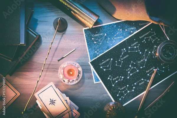 Fototapeta Esoteric study and prediction with maps, cards and vintage objects