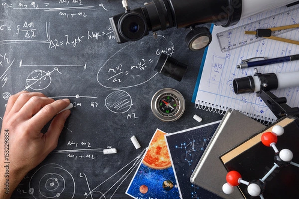 Fototapeta Student hand doing astronomical calculations on blackboard with educational material