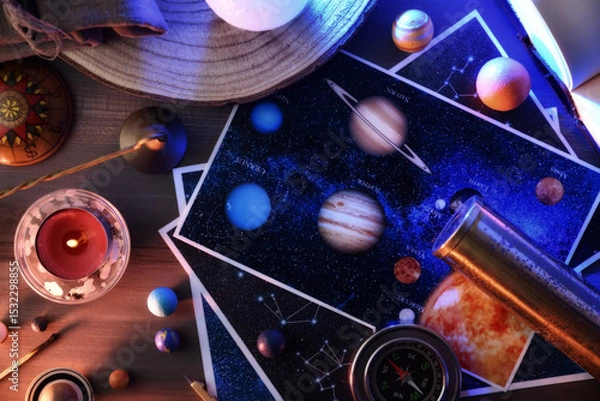 Fototapeta Concept of exploring planets and constellations with table with objects