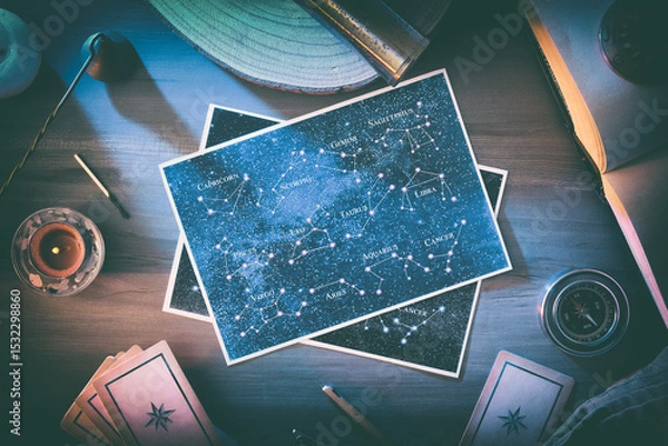 Fototapeta Astrological background of study and forecast with maps on table