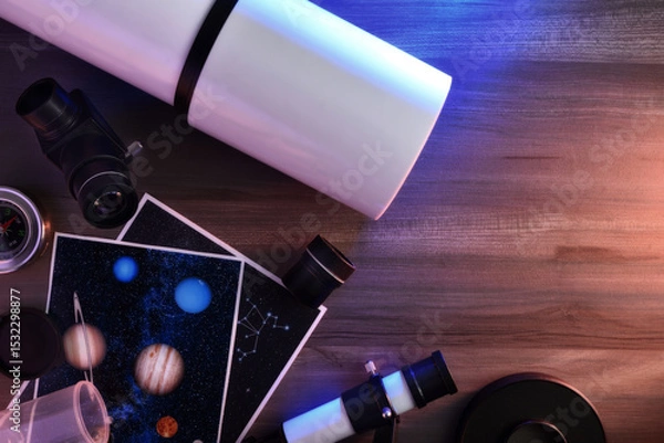 Fototapeta Detail of a telescope and parts for exploration on table