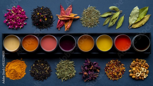 Obraz A top-down view of a colorful tea and spice display on a dark slate surface.