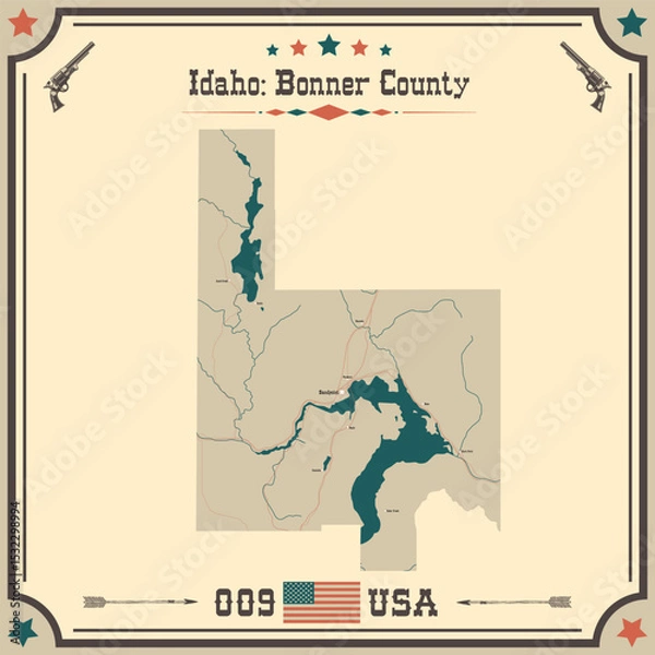 Obraz Large and accurate map of Bonner County, Idaho, USA with vintage colors.