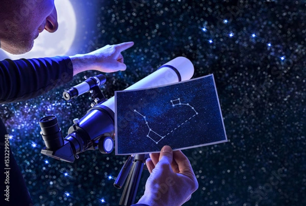 Fototapeta Concept of man pointing constellations with telescope and guidebook