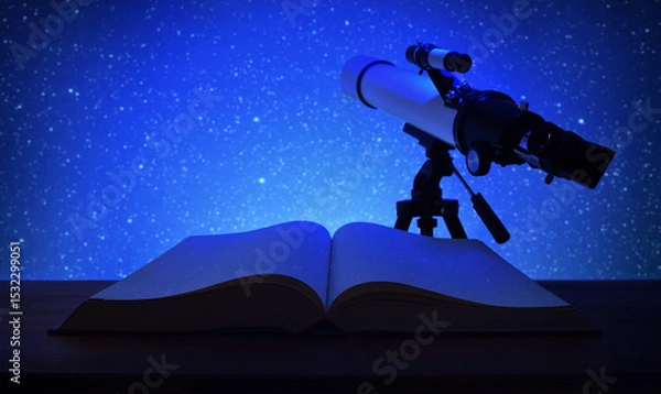 Fototapeta Studying stars with book and telescope focusing blue sky