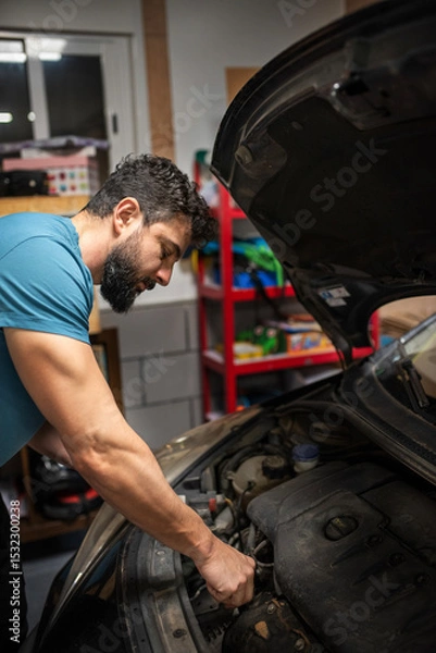 Obraz Man looking his car engine and security inspection