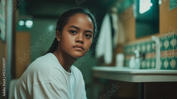 Obraz Southeast Asian teenage girl in dimly lit bathroom with serious look