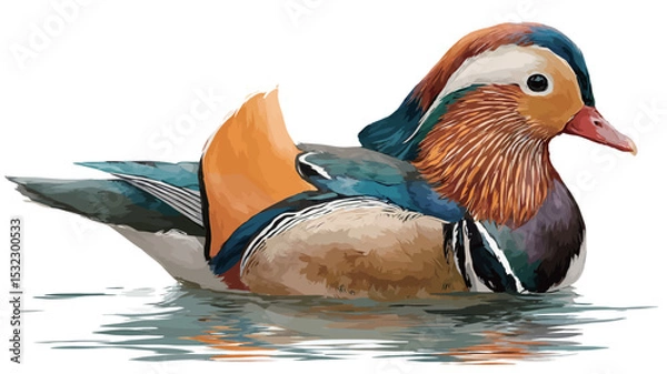Fototapeta A detailed digital painting or illustration of a Mandarin duck (Aix galericulata) is presented against a plain white background. The duck is depicted in profile view, swimming on calm water