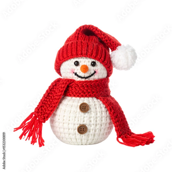Fototapeta A knitted snowman wearing a red hat with a pom-pom and a matching red scarf, featuring button eyes, a carrot-like nose, and buttons on its body.