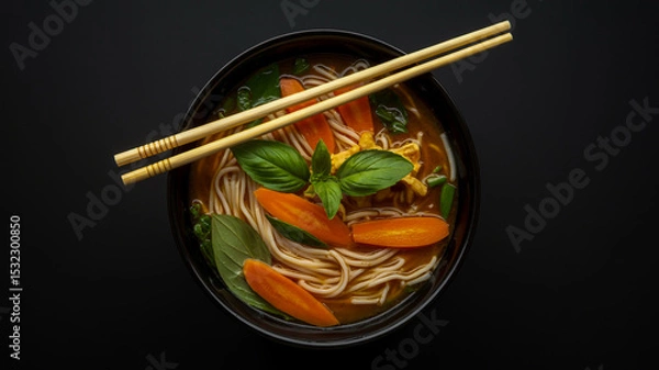 Obraz A top-down view of a Vietnamese Pho soup in a matte black ceramic bowl against a black background.