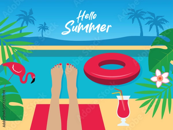 Fototapeta Hello summer banner with woman legs in a swimming pool vector illustration. Woman feet relaxed in swimming pool on a hot summer day vector. Tropical vacation and travel concept