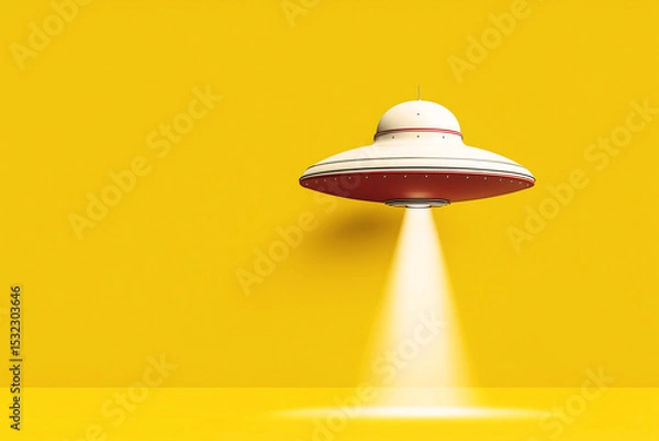 Fototapeta Flying saucer UFO or UAP spaceship hovering in the air and casting light beam spotlight on yellow background.