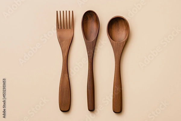 Fototapeta Three wooden cutlery items on a beige background, Three wooden utensils, Three wooden utensils on a beige background.