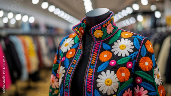 Obraz A vibrant floral embroidered jacket displayed on a black mannequin torso in a retail store setting