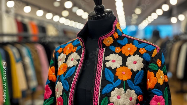 Obraz A vibrant floral embroidered jacket displayed on a black mannequin torso in a retail store setting