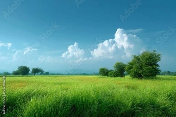 Fototapeta A Peaceful and Lush Green Field Under a Beautiful Blue Sky