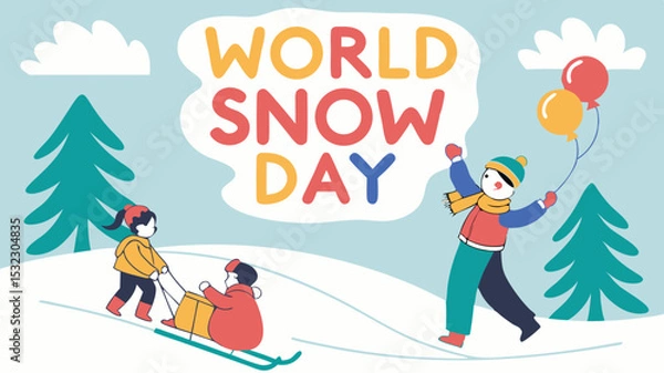 Fototapeta Fun And Colorful World Snow Day Illustration With Children Playing In Snow, Sledding, And Winter Trees For Holiday And Seasonal Design