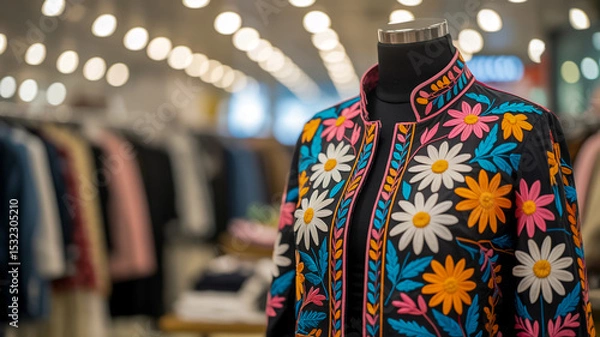 Obraz A vibrant floral embroidered jacket displayed on a black mannequin torso in a retail store setting
