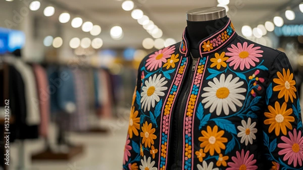 Obraz A vibrant floral embroidered jacket displayed on a black mannequin torso in a retail store setting