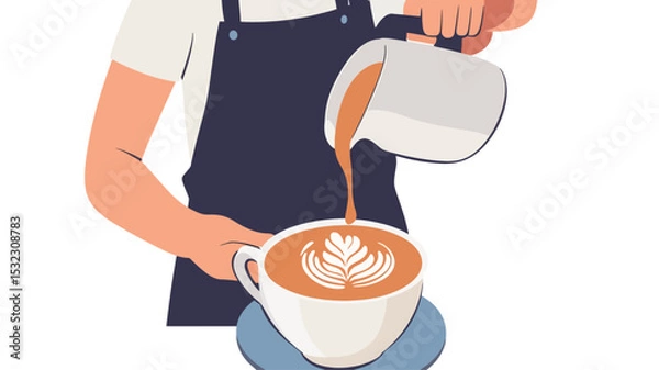Fototapeta The image is a stylized illustration depicting a barista pouring steamed milk into a cup of coffee, creating latte art. The style is vector-based, characterized by clean lines and flat color