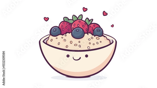 Fototapeta A digital illustration of a kawaii-style oatmeal bowl. The bowl is depicted with a simple, rounded shape and a smiling face.  It is filled with oatmeal, topped with blueberries, raspberries and