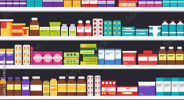Obraz Organized Pharmacy Shelves Displaying Various Medications, Pills, and Bottles in a Clean Arrangement