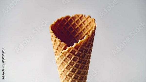 Obraz A waffle cone, typically used for serving ice cream. It's elongated and slightly curved, with a textured, crisscross pattern on its surface.