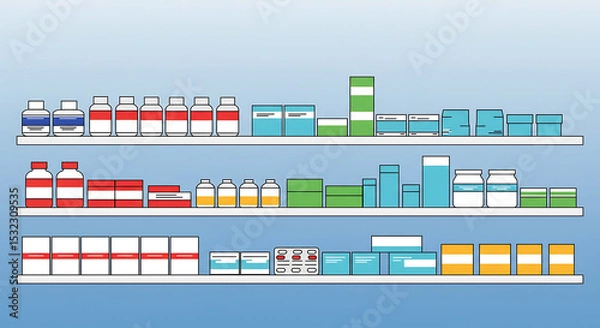 Obraz Colorful Pharmaceutical Products Displayed on Shelves Against a Blue Background