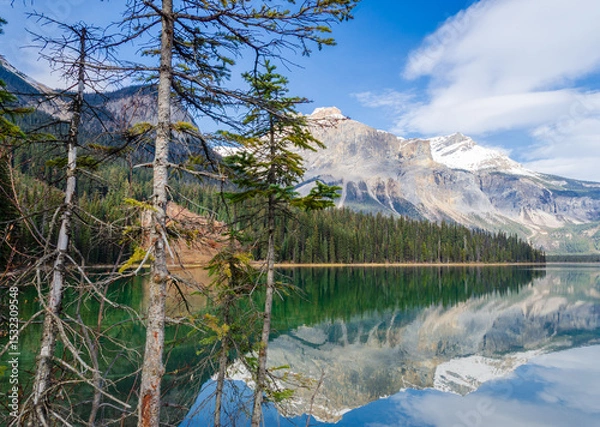 Fototapeta Stunning view of Emerald Lake in Yoho National Park with snow-capped mountains and pine forests with reflection on water in Alberta, Canada