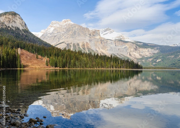 Fototapeta Scenic view of Emerald Lake in Yoho National Park with pine trees and snow-capped mountain with reflected in calm water in Alberta, Canada