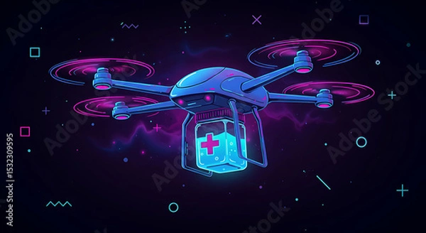 Obraz Futuristic Drone Delivering Medicine with Neon Lights and Glowing Cross Symbol.