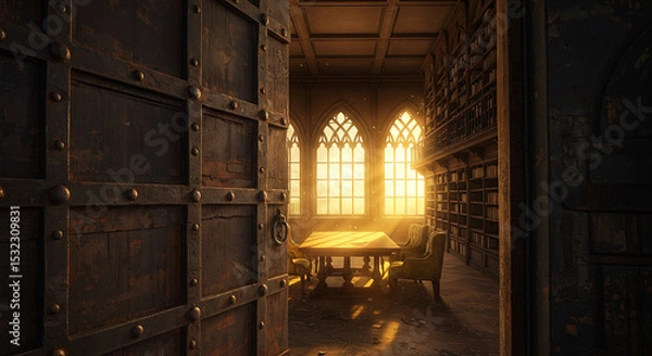 Obraz Sunlight Streams Through Gothic Windows into a Library's Antique Interior.