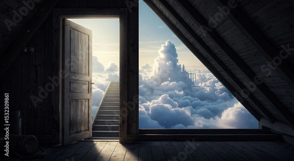 Obraz Dreamlike Attic View: Door to Stairway and Cloud City in the Sky