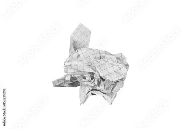 Fototapeta A crumpled checkered paper sheet on an isolated white background suits creative projects. Its textured surface adds a unique touch for designs or educational ideas.