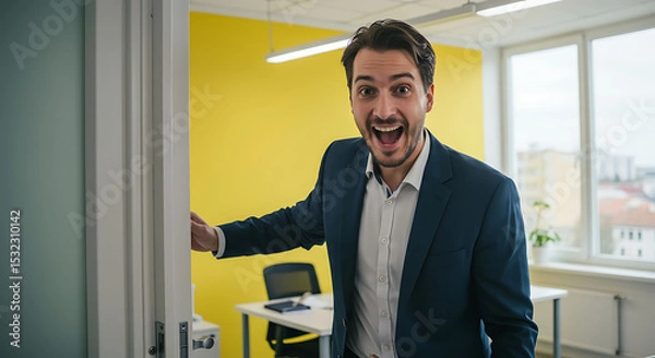 Obraz Excited Businessman Opens Office Door, Expressing Joy and Surprise with Wide Eyes