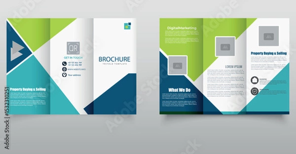 Obraz Professional and colorful trifold brochure template designed for real estate or property-related businesses featuring geometric shapes, contact info, and service highlights. Modern Real Estate Trifold