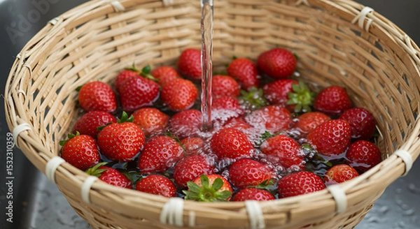 Obraz Fresh Strawberries Being Washed in a Wicker Basket with Flowing Water